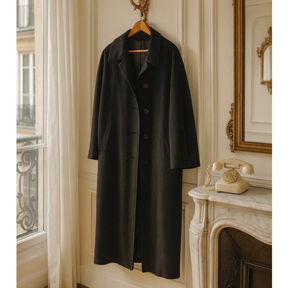 Vintage 100% Cashmere Burlington Collection Black Midi Classic Overcoat Sz Large - Picture 1 of 12